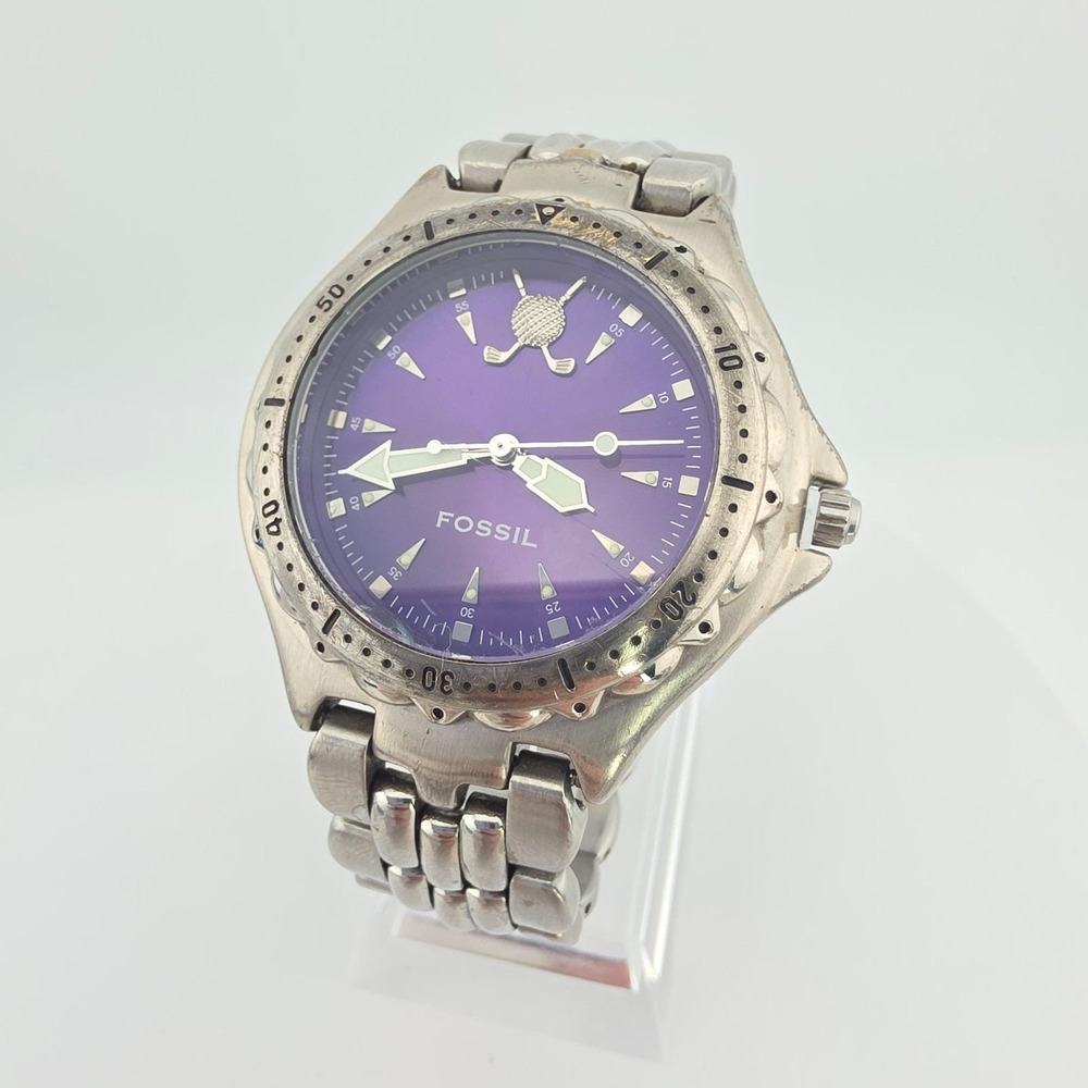 Vtg FOSSIL Blue Mens Golf Watch Special Edition Purple Dial Diver Silver Tone 7"